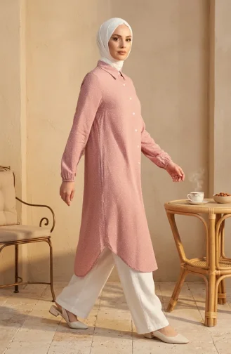 Tunique à Pois Boutonnée à Col Chemise 0379-01 Rose Poudré 0379-01