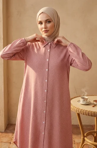 Tunique à Pois Boutonnée à Col Chemise 0379-01 Rose Poudré 0379-01