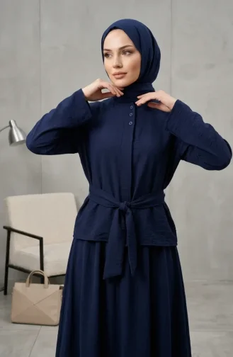 طقم حجاب من قطعتين من قماش أيروبين بحزام، لون كحلي، رقم الموديل 2308-04 2308-04