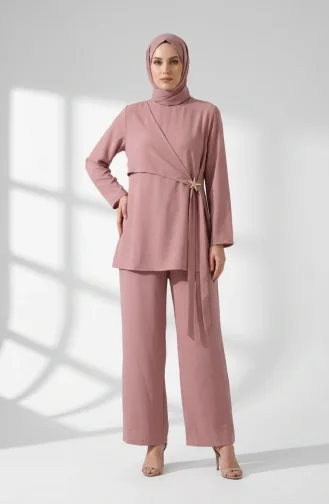 Tuniek En Broek Met Sterrendetails Tweedelige Hijabset 0358-07 Roze 0358-07
