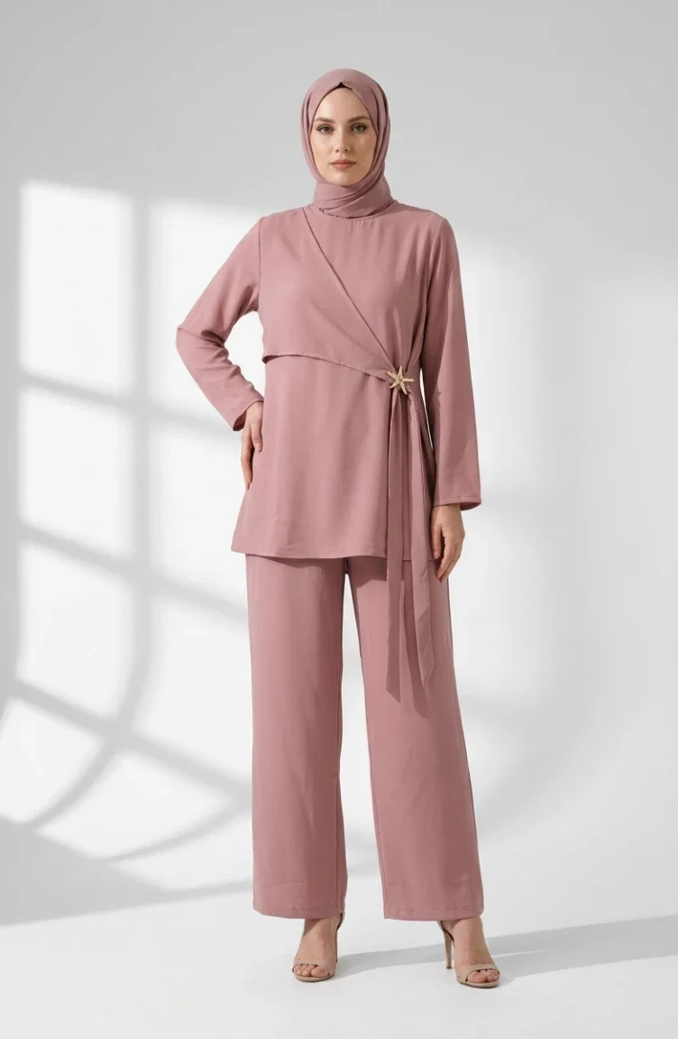 Tuniek En Broek Met Sterrendetails Tweedelige Hijabset 0358-07 Roze 0358-07