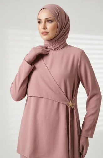 Tuniek En Broek Met Sterrendetails Tweedelige Hijabset 0358-07 Roze 0358-07