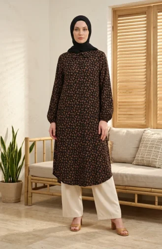 Tunique Longue Boutonnée à Motif Floral 0356-07 Noire 0356-07