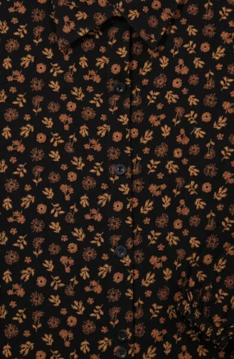 Tunique Longue Boutonnée à Motif Floral 0356-07 Noire 0356-07