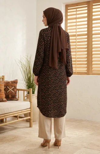 Tunique Longue Boutonnée à Motif Floral 0356-07 Noire 0356-07