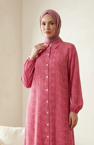 Knackige Geblümte Bodenlange Tunika Aus Viskose Mit Knöpfen Farbe: Rosa Modell 0376-01 0376-01
