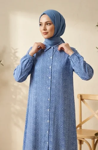 Knackige Geblümte Bodenlange Tunika Aus Viskose Mit Knöpfen Artikelnummer 0376-03 Marineblau 0376-03