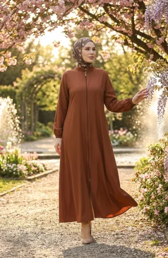 Abaya Plaine A Fermeture Et Extrémité Des Manches Elastiques 1013-01 Marron 1013-01
