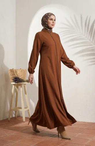Abaya Plaine A Fermeture Et Extrémité Des Manches Elastiques 1013-01 Marron 1013-01