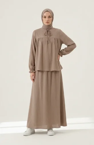 Fitilli Bağcık Detaylı Tunik Etek Tesettür ikili Takım 2311-01 Vizon