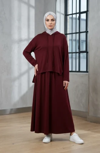 Modal Kumaş Kapüşonlu Bağcıklı Tesettür ikili Takım 2314-03 Bordo