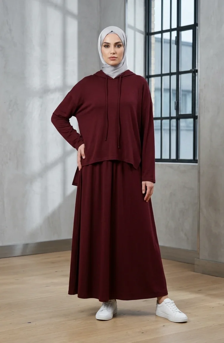 Modal Kumaş Kapüşonlu Bağcıklı Tesettür ikili Takım 2314-03 Bordo