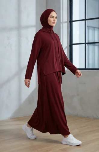 Modal Kumaş Kapüşonlu Bağcıklı Tesettür ikili Takım 2314-03 Bordo