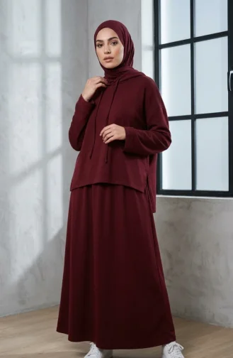 Modal Kumaş Kapüşonlu Bağcıklı Tesettür ikili Takım 2314-03 Bordo