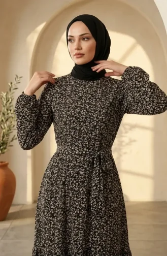 فستان حجاب بحزام من قماش الكريب بنقشة زهور 0580-01 لون المنك الأسود 0580-01