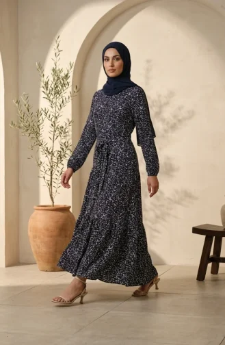 فستان حجاب بحزام من قماش الكريب بنقشة زهور، 0580-02، أزرق كحلي، بيج فاتح 0580-02