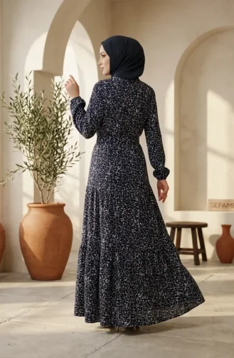 فستان حجاب بحزام من قماش الكريب بنقشة زهور، 0580-02، أزرق كحلي، بيج فاتح 0580-02