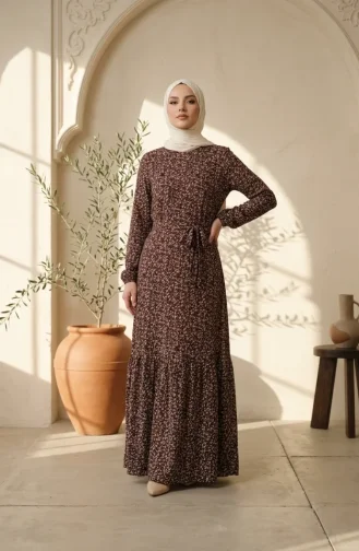 Robe Hijab Ceinturée En Crêpe à Motif Floral 0580-03 Marron Vison 0580-03