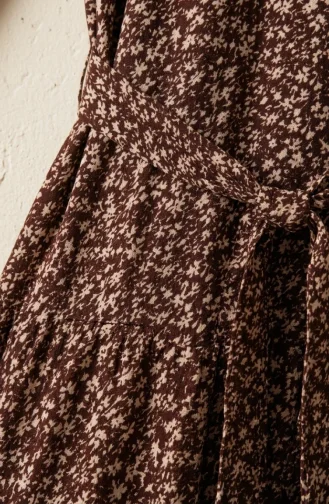 Robe Hijab Ceinturée En Crêpe à Motif Floral 0580-03 Marron Vison 0580-03