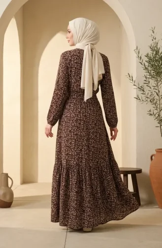 Robe Hijab Ceinturée En Crêpe à Motif Floral 0580-03 Marron Vison 0580-03