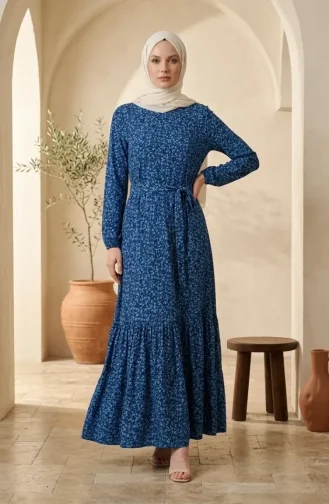 فستان حجاب بحزام من قماش الكريب بنقشة زهور 0580-05 كحلي أخضر نعناعي 0580-05