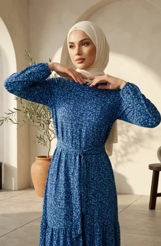 فستان حجاب بحزام من قماش الكريب بنقشة زهور 0580-05 كحلي أخضر نعناعي 0580-05