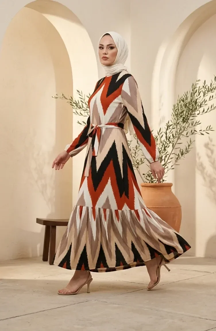 Crepe Fabric Zigzag Patterned Hijab Dress 0580A-02 Terracotta Mink 0580A-02