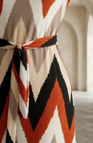 Crepe Fabric Zigzag Patterned Hijab Dress 0580A-02 Terracotta Mink 0580A-02