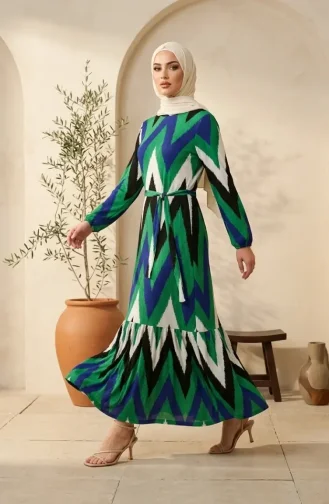 Hijab-Kleid Aus Kreppstoff Mit Zickzackmuster 0580A-05 Smaragdgrün Schwarz 0580A-05