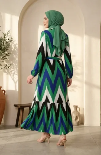 Hijab-Kleid Aus Kreppstoff Mit Zickzackmuster 0580A-05 Smaragdgrün Schwarz 0580A-05