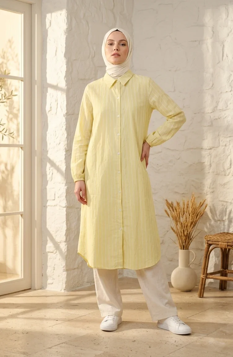 Müslin Kumaş Boydan Düğmeli Çizgili Tunik 0342-12 Limon Sarısı