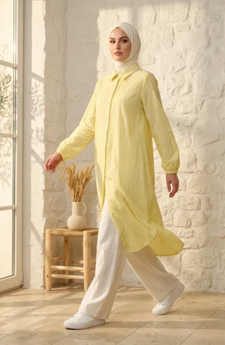 Müslin Kumaş Boydan Düğmeli Çizgili Tunik 0342-12 Limon Sarısı