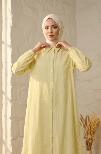 Müslin Kumaş Boydan Düğmeli Çizgili Tunik 0342-12 Limon Sarısı