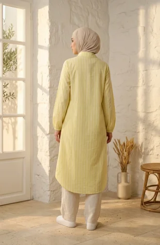 Müslin Kumaş Boydan Düğmeli Çizgili Tunik 0342-12 Limon Sarısı