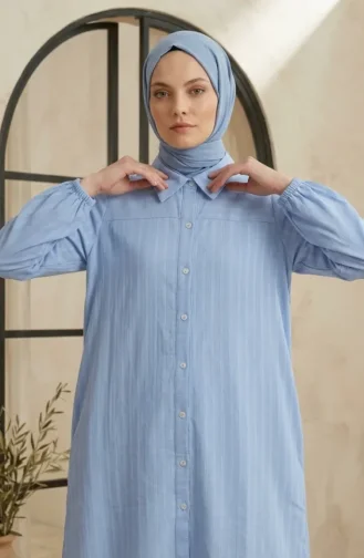 Gömlek Yaka Boydan Düğmeli Çizgili Uzun Tunik 0393A-03 Buz Mavisi