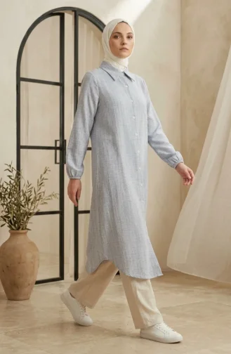 Gömlek Yaka Boydan Düğmeli Keten Tunik 0395-01 Lacivert