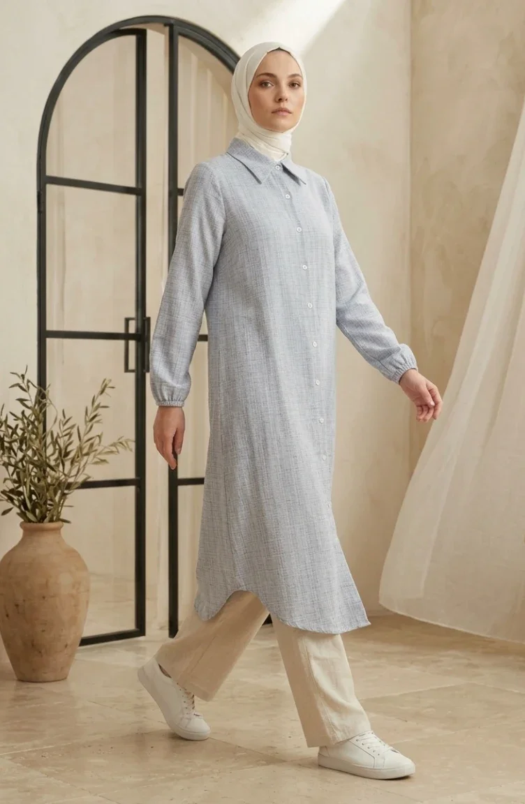 Gömlek Yaka Boydan Düğmeli Keten Tunik 0395-01 Lacivert