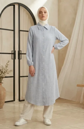 Gömlek Yaka Boydan Düğmeli Keten Tunik 0395-01 Lacivert