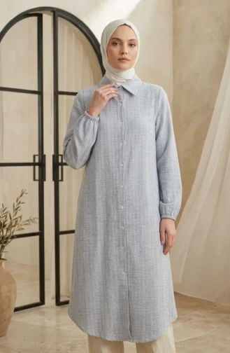 Gömlek Yaka Boydan Düğmeli Keten Tunik 0395-01 Lacivert