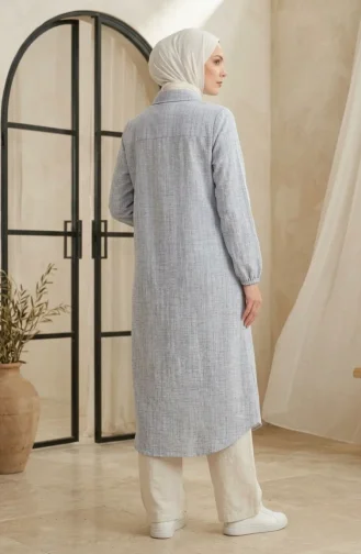 Gömlek Yaka Boydan Düğmeli Keten Tunik 0395-01 Lacivert