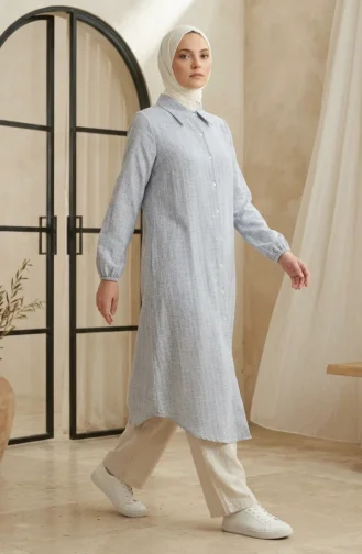 Gömlek Yaka Boydan Düğmeli Keten Tunik 0395-03 Gri