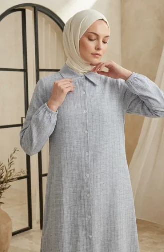 Gömlek Yaka Boydan Düğmeli Keten Tunik 0395-03 Gri