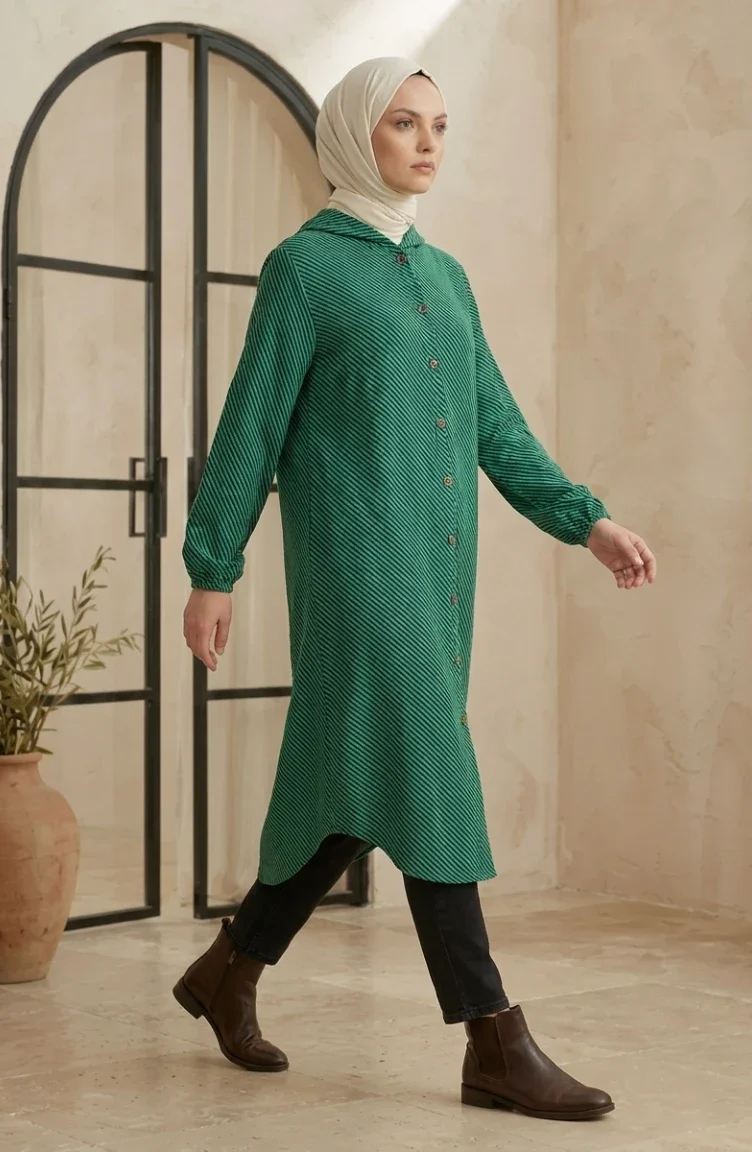 Manteau En Cachemire à Capuche Et Boutons 0201-03 Vert émeraude 0201-03
