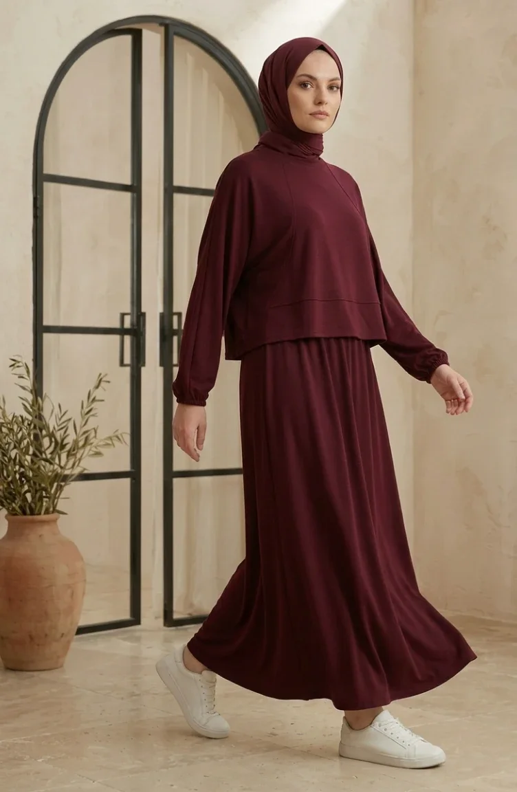 Oysho Kumaş Oversize Tesettür ikili Takım 2319-04 Bordo