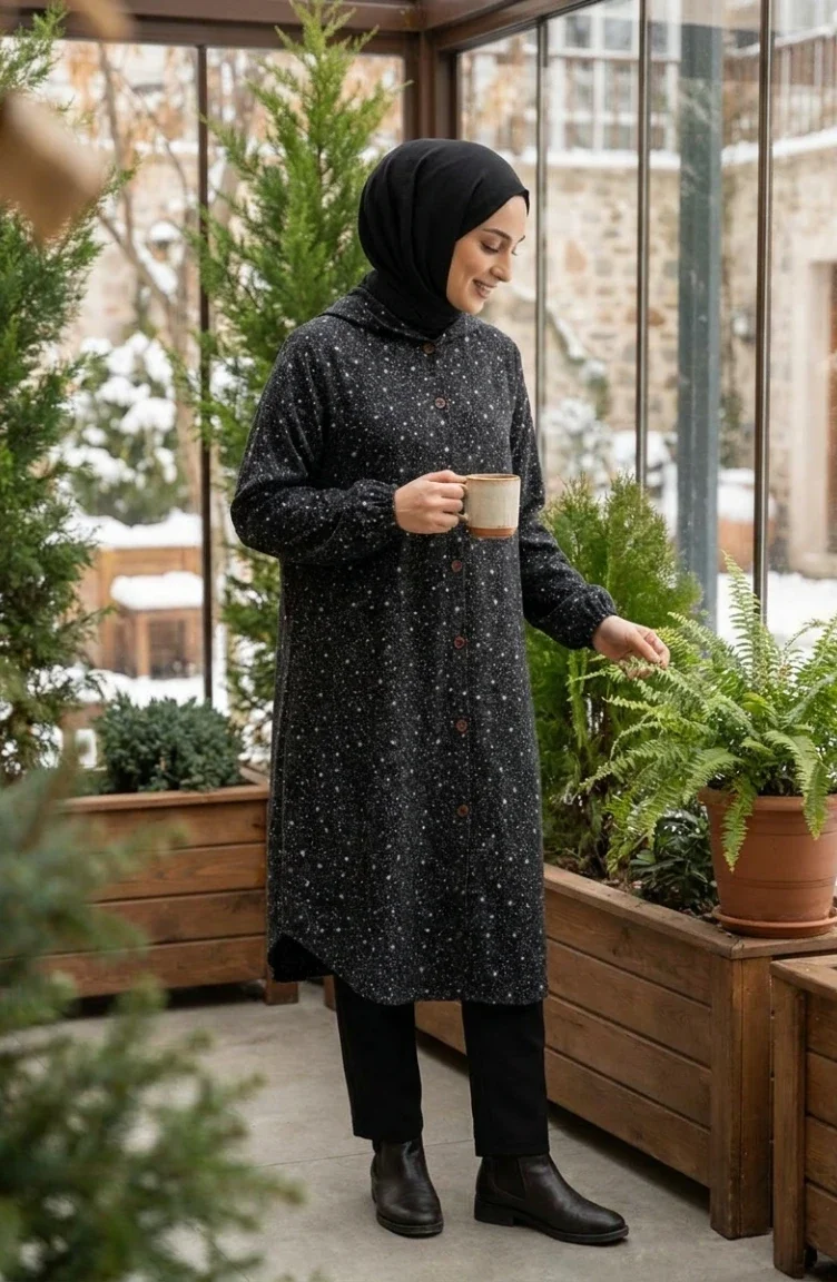 Patterned Hooded Winter Cashmere Coat 0202-02 Black And White 0202-02