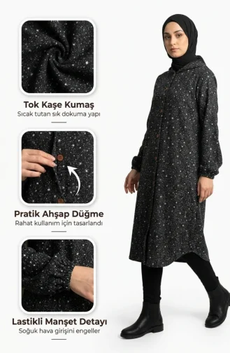 Patterned Hooded Winter Cashmere Coat 0202-02 Black And White 0202-02