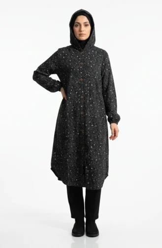 Patterned Hooded Winter Cashmere Coat 0202-02 Black And White 0202-02
