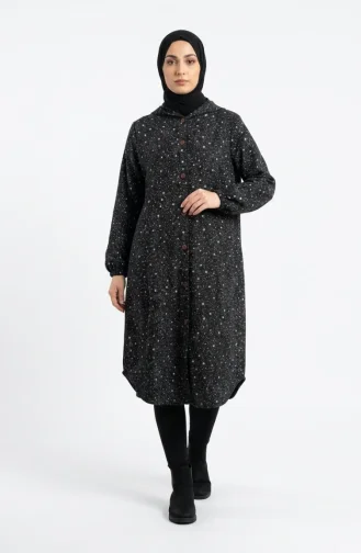 Patterned Hooded Winter Cashmere Coat 0202-02 Black And White 0202-02