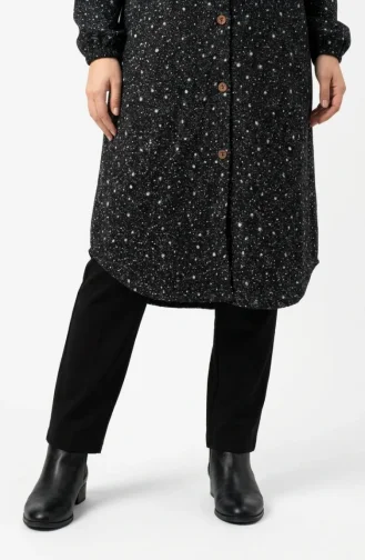 Patterned Hooded Winter Cashmere Coat 0202-02 Black And White 0202-02