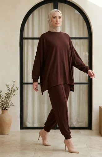 Sıfır Yaka Oversize Tunik Pantolon Tesettür ikili Takım 2320-02 Kahverengi